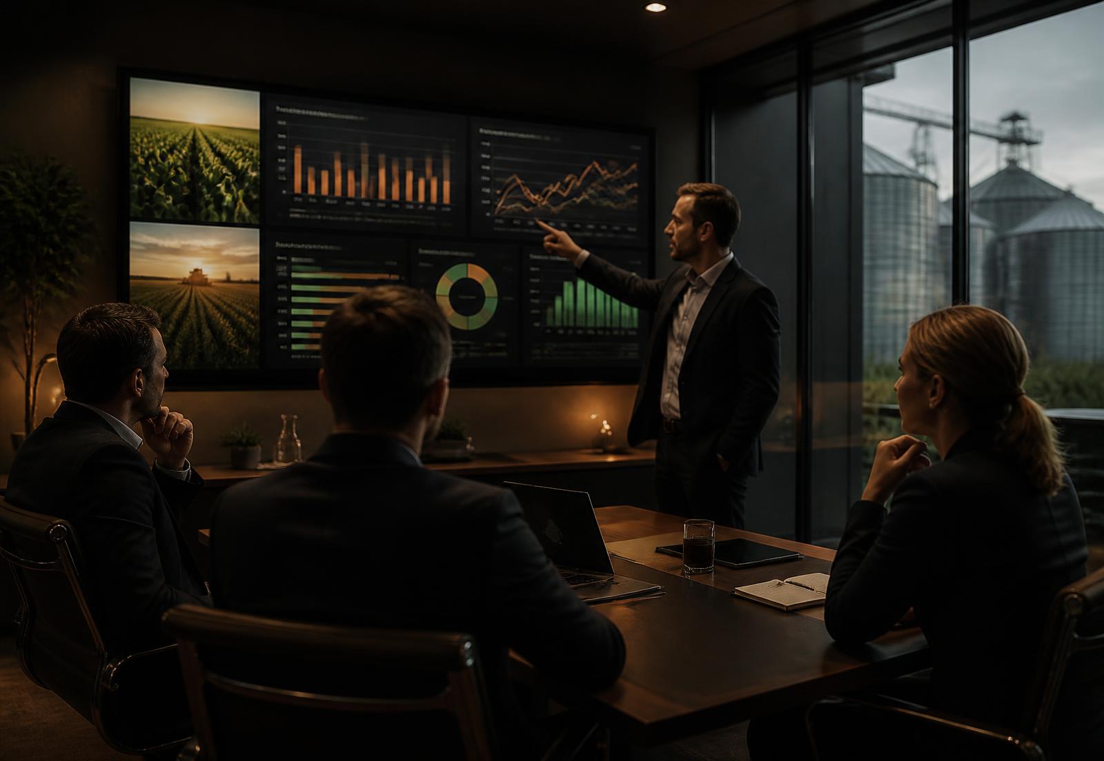 Executivos analisando painéis de indicadores comerciais do agronegócio